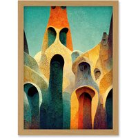 Artery8 Colourful Modern Painting Gaudi Style Architecture Sagrada Familia Artwork Framed Wall Art Print A4 in Light Oak