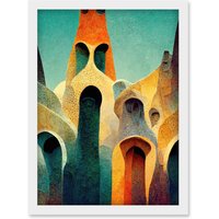 Artery8 Colourful Modern Painting Gaudi Style Architecture Sagrada Familia Artwork Framed Wall Art Print A4 in White