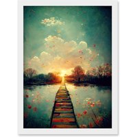 Artery8 Path Into The Light Calm Landscape Oil Painting Artwork Framed Wall Art Print A4 in White