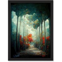 Artery8 Autumn Forest Path Landscape Scene Painting Artwork Framed Wall Art Print A4 in Black