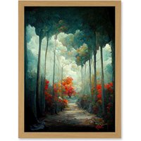Artery8 Autumn Forest Path Landscape Scene Painting Artwork Framed Wall Art Print A4 in Light Oak
