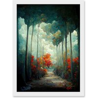 Artery8 Autumn Forest Path Landscape Scene Painting Artwork Framed Wall Art Print A4 in White
