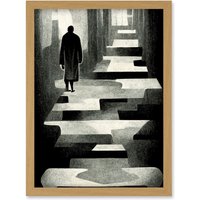 Artery8 Lone Figure Abstract Monochrome Vintage Black White Artwork Framed Wall Art Print A4 in Light Oak