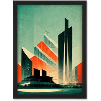 Artery8 Futuristic Abstract Architecture Cityscape Teal & Orange Artwork Framed Wall Art Print A4 in Black