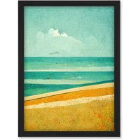 Artery8 Calm Sandy Beach Summer Scene In Ochre & Teal Minimalist Artwork Framed Wall Art Print A4 in Black