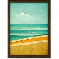 Artery8 Calm Sandy Beach Summer Scene In Ochre & Teal Minimalist Artwork Framed Wall Art Print A4 in Brown