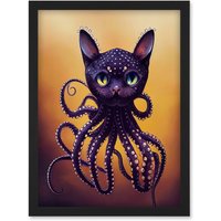 Artery8 Octopussy Surreal Cat Octopus Hybrid Purple Artwork Framed Wall Art Print A4 in Black