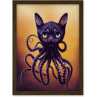 Artery8 Octopussy Surreal Cat Octopus Hybrid Purple Artwork Framed Wall Art Print A4 in Brown