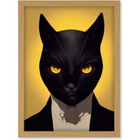 Artery8 Le Chat Noir Black Cat Tuxedo Yellow Portrait Artwork Framed Wall Art Print A4 in Light Oak
