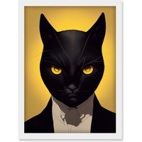 Artery8 Le Chat Noir Black Cat Tuxedo Yellow Portrait Artwork Framed Wall Art Print A4 in White