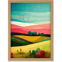 Artery8 Four Seasons Colourful Modern Country Landscape Painting Artwork Framed Wall Art Print A4 in Light Oak