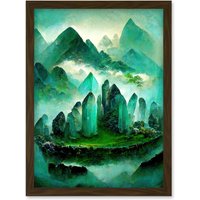 Artery8 Mystical New Age Crystal Jade Green Landscape Painting Artwork Framed Wall Art Print A4 in Brown