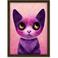 Artery8 Cute Kawaii Cat Portrait Pink & Purple Kids Artwork Framed Wall Art Print A4 in Brown