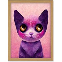 Artery8 Cute Kawaii Cat Portrait Pink & Purple Kids Artwork Framed Wall Art Print A4 in Light Oak