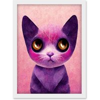 Artery8 Cute Kawaii Cat Portrait Pink & Purple Kids Artwork Framed Wall Art Print A4 in White