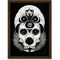 Artery8 Day Of The Dead Dog Skull Head Drawing Halloween Artwork Framed Wall Art Print A4 in Brown