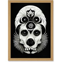 Artery8 Day Of The Dead Dog Skull Head Drawing Halloween Artwork Framed Wall Art Print A4 in Light Oak