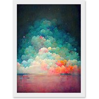 Artery8 Beach Sunset In Bubble Clouds Dreamy Surreal Abstract Artwork Framed Wall Art Print A4 in White
