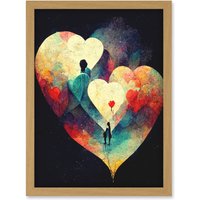 Artery8 Abstract Love Hearts Night Sky Painting Modern Artwork Framed Wall Art Print A4 in Light Oak