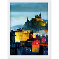 Artery8 Colourful Modern Edinburgh Castle Cityscape Acrylic Painting Artwork Framed Wall Art Print A4 in White