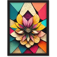 Artery8 Geometric Floral Mandala Bright Multicoloured Shapes Artwork Framed Wall Art Print A4 in Black
