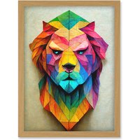 Artery8 Vibrant Geometric Lion Head Decoupage Artwork Framed Wall Art Print A4 in Light Oak