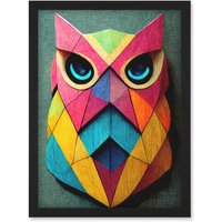 Artery8 Geometric Rainbow Owl Picture Abstract Multi Coloured Artwork Framed Wall Art Print A4 in Black