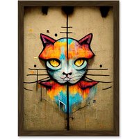 Artery8 Vibrant Symmetrical Street Art Mural Graffiti Cat Artwork Framed Wall Art Print A4 in Brown