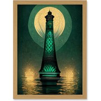 Artery8 Art Deco Lighthouse Great Gatsby Moonlight Emerald Artwork Framed Wall Art Print A4 in Light Oak