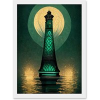 Artery8 Art Deco Lighthouse Great Gatsby Moonlight Emerald Artwork Framed Wall Art Print A4 in White