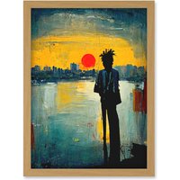 Artery8 Dramatic Sunset Silhouette City Skyline Lake Oil Painting Artwork Framed Wall Art Print A4 in Light Oak