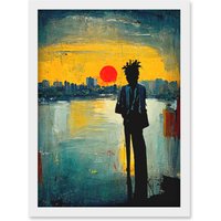 Artery8 Dramatic Sunset Silhouette City Skyline Lake Oil Painting Artwork Framed Wall Art Print A4 in White