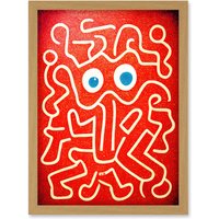 Artery8 Line Drawing On Red With Googly Eyes Artwork Framed Wall Art Print A4 in Light Oak