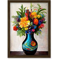 Artery8 Boldly Coloured Flower Bouquet In Decorative Vase Artwork Framed Wall Art Print A4 in Brown