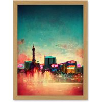 Artery8 Modern Las Vegas Skyline Colourful Acrylic Cityscape Artwork Framed Wall Art Print A4 in Light Oak