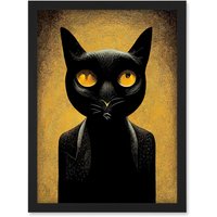 Artery8 Black Cat Le Chat Noir Modern Mustard Artwork Framed Wall Art Print A4