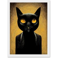 Artery8 Black Cat Le Chat Noir Modern Mustard Artwork Framed Wall Art Print A4 in White