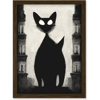 Artery8 Giant Black Cat Le Chat Noir City Monochrome Illustration Artwork Framed Wall Art Print A4 in Brown