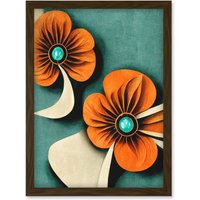 Artery8 Abstract Papercut Orange & Cream Flowers On Teal Artwork Framed Wall Art Print A4 in Brown
