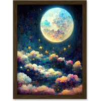 Artery8 Dreamy Night Sky Moon Stars Colourful Clouds Kids Cute Artwork Framed Wall Art Print A4 in Brown