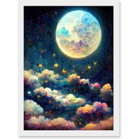 Artery8 Dreamy Night Sky Moon Stars Colourful Clouds Kids Cute Artwork Framed Wall Art Print A4 in White