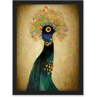 Artery8 Elegant Peacock Portrait In Emerald & Gold Gustav Klimt Artwork Framed Wall Art Print A4 in Black