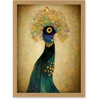 Artery8 Elegant Peacock Portrait In Emerald & Gold Gustav Klimt Artwork Framed Wall Art Print A4 in Light Oak