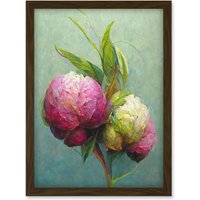 Artery8 Modern Pink & White Peony Flowers In Teal Artwork Framed Wall Art Print A4 in Brown
