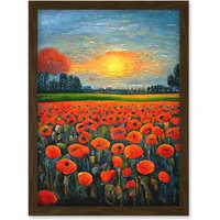 Artery8 Flanders Field At Sunset Expressionism Oil Paint Poppy Flowers Artwork Framed Wall Art Print A4 in Brown