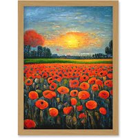 Artery8 Flanders Field At Sunset Expressionism Oil Paint Poppy Flowers Artwork Framed Wall Art Print A4 in Light Oak