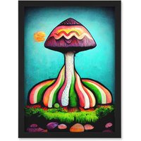 Artery8 Colourful Psychedelic Cartoon Mushroom Painting Artwork Framed Wall Art Print A4 in Black