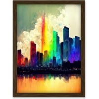 Artery8 Glass City Of Rainbow Reflections Cityscape Artwork Framed Wall Art Print A4 in Brown