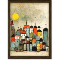 Artery8 Mid Day Sun Town Skyline Artwork Framed Wall Art Print A4 in Brown