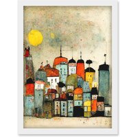 Artery8 Mid Day Sun Town Skyline Artwork Framed Wall Art Print A4 in White